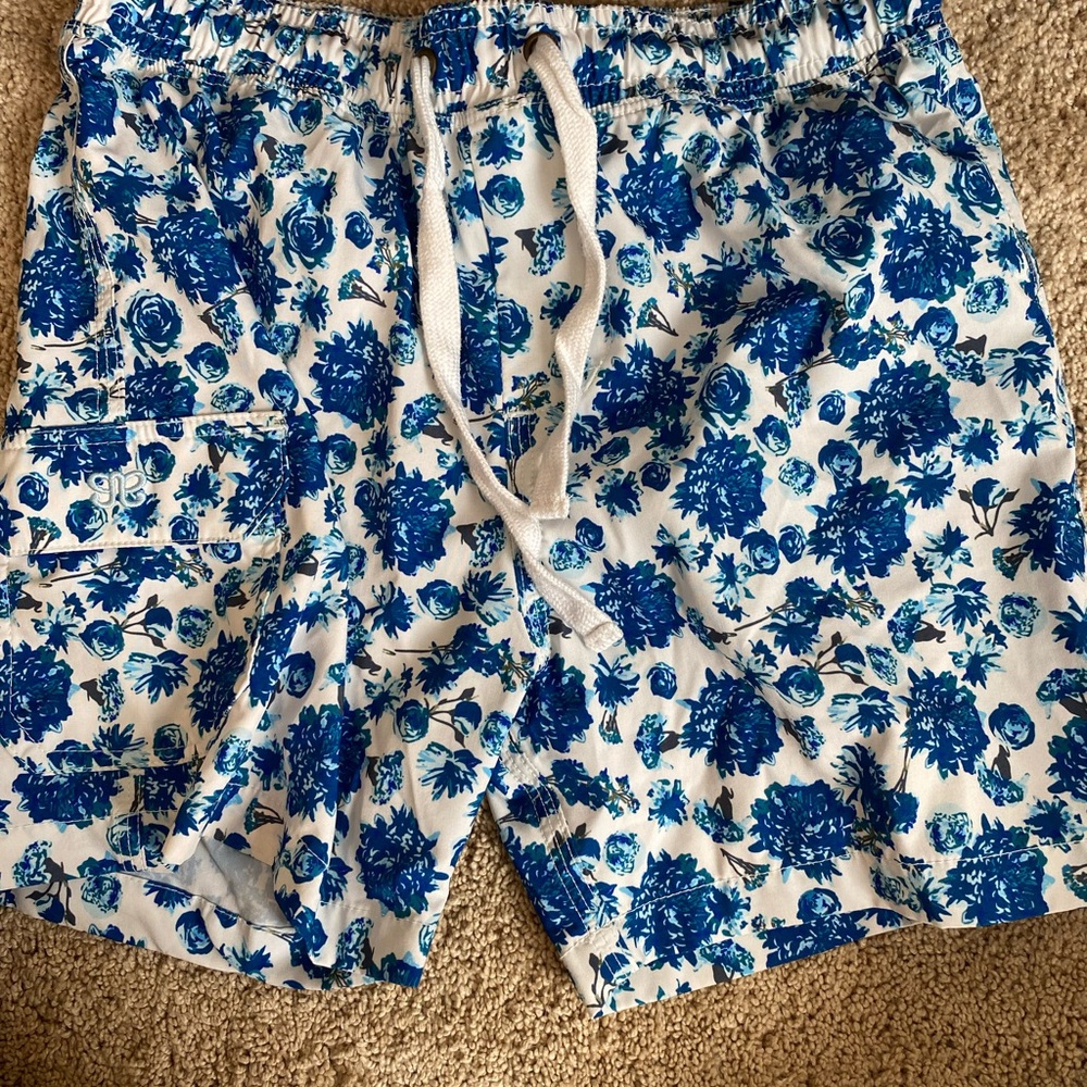 Albion Santorini Kids Swim Trunks in Blue and White Floral